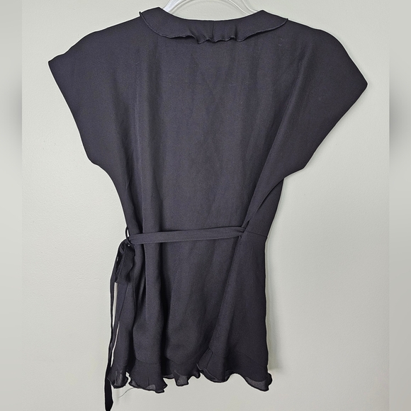ZARA Trafaluc Collection Ruffled Black Wrap Waist Blouse, Cap Sleeves, XS - Picture 3 of 7